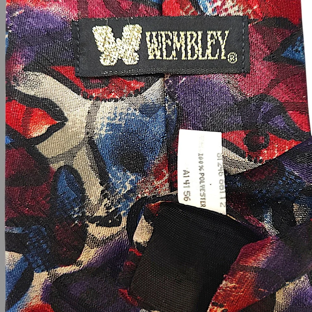 Wembley Vintage Polyester Necktie Abstract Floral Red Blue Purple USA Wide OS